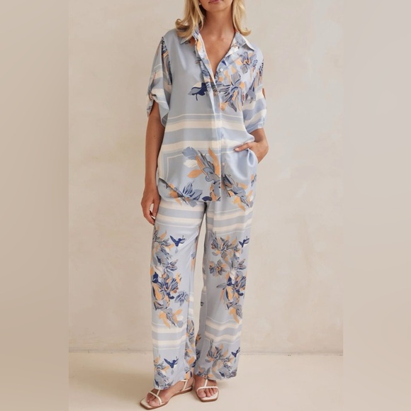 Pants - Floral Printed Button Up Shirt and Pants Set Set in Blue and White